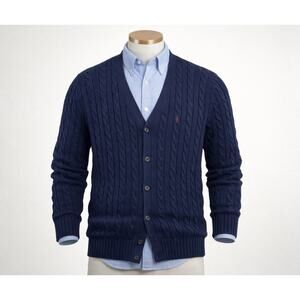 VTG Polo Ralph Lauren Blue Cable Knit Cardigan Classic Button Up Sweater Sz XL